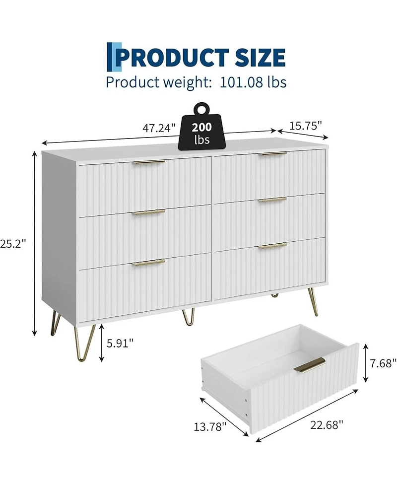 gaomon Fluted Dresser for Bedroom with 6 Drawers,47'' Wide Modern Chest of Wooden Drawers Metal Handle,Wide Clothes Storage Organizer