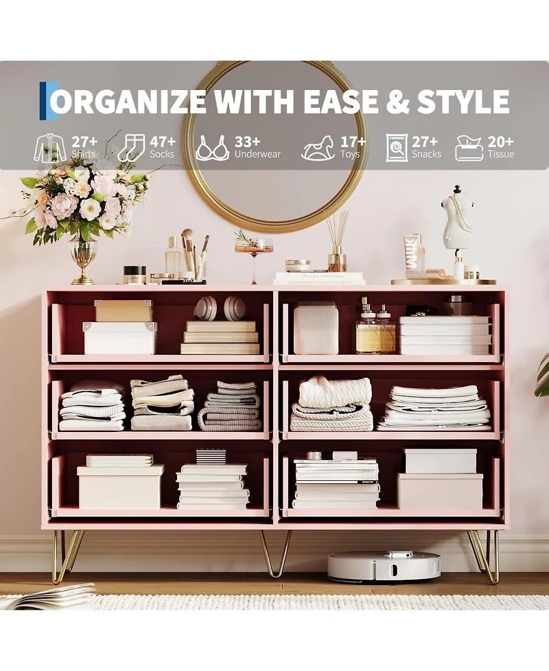 gaomon Fluted Dresser for Bedroom with 6 Drawers,47'' Wide Modern Chest of Wooden Drawers with Metal Handle,Wide Clothes Storage Organizer