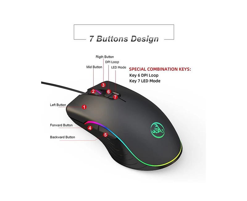Risokeys Wired Rgb Gaming Mouse,8000 Dpi Adjustable, Ergonomic Comfort Grip with 7 Backlight Modes for Pc Gamers, Compatible with Windows & Mac