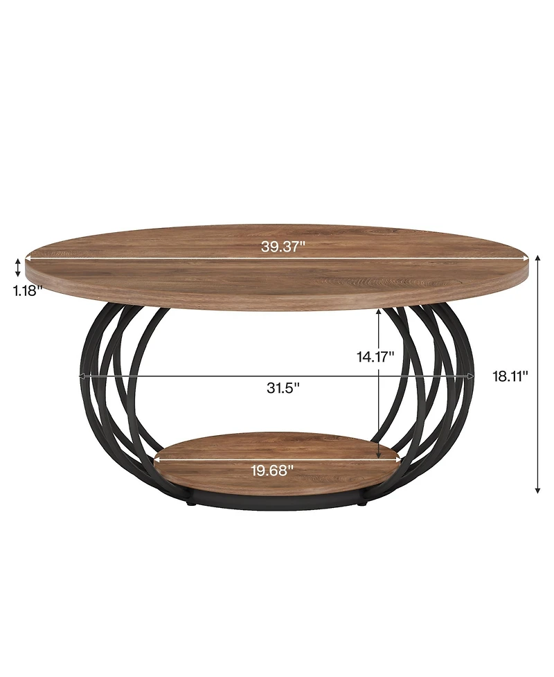 Tribesigns Round Coffee Table for Living Room, 39.4" Industrial Wooden 2-Tier Circle Accent Center Cocktail Table with Storage Shelf and Metal Fr