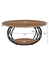 Tribesigns Round Coffee Table for Living Room, 39.4" Industrial Wooden 2-Tier Circle Accent Center Cocktail Table with Storage Shelf and Metal Fr