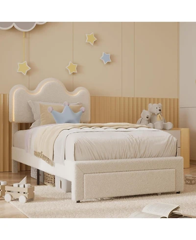 gaomon Twin Upholstered Led Bed Frame with Storage Drawers Girls Bed with Flower Headboard Boucle Princess Platform Bed Frame