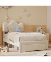 gaomon Twin Upholstered Led Bed Frame with Storage Drawers Girls Bed with Flower Headboard Boucle Princess Platform Bed Frame