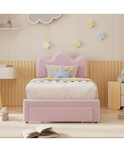 gaomon Twin Upholstered Led Bed Frame with Storage Drawers Girls Flower Headboard Boucle Princess Platform