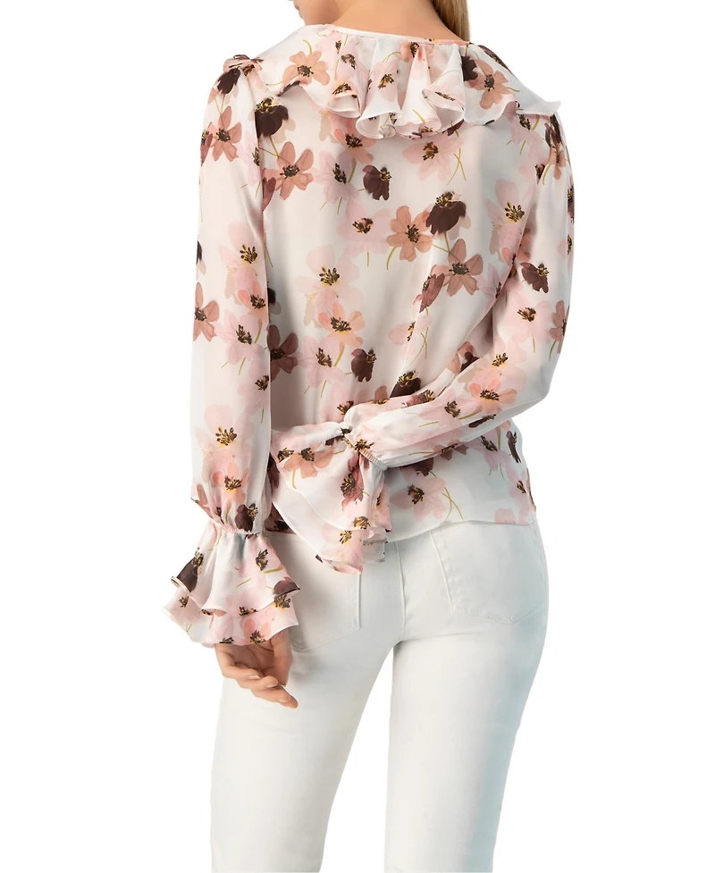 Ivonne Women's Floral V-Neck Blouse with Ruffle Detail