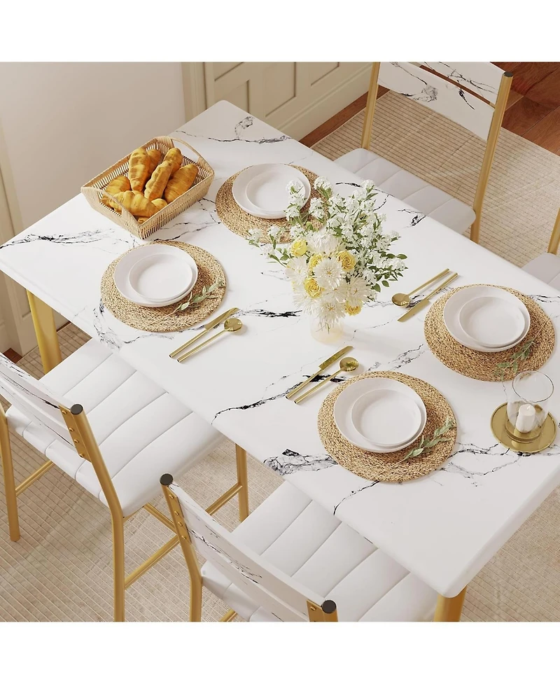 Ironck 27.6" W Dining Table Set for 4, Wood Kitchen Table with Upholstered Chairs, White & Gold