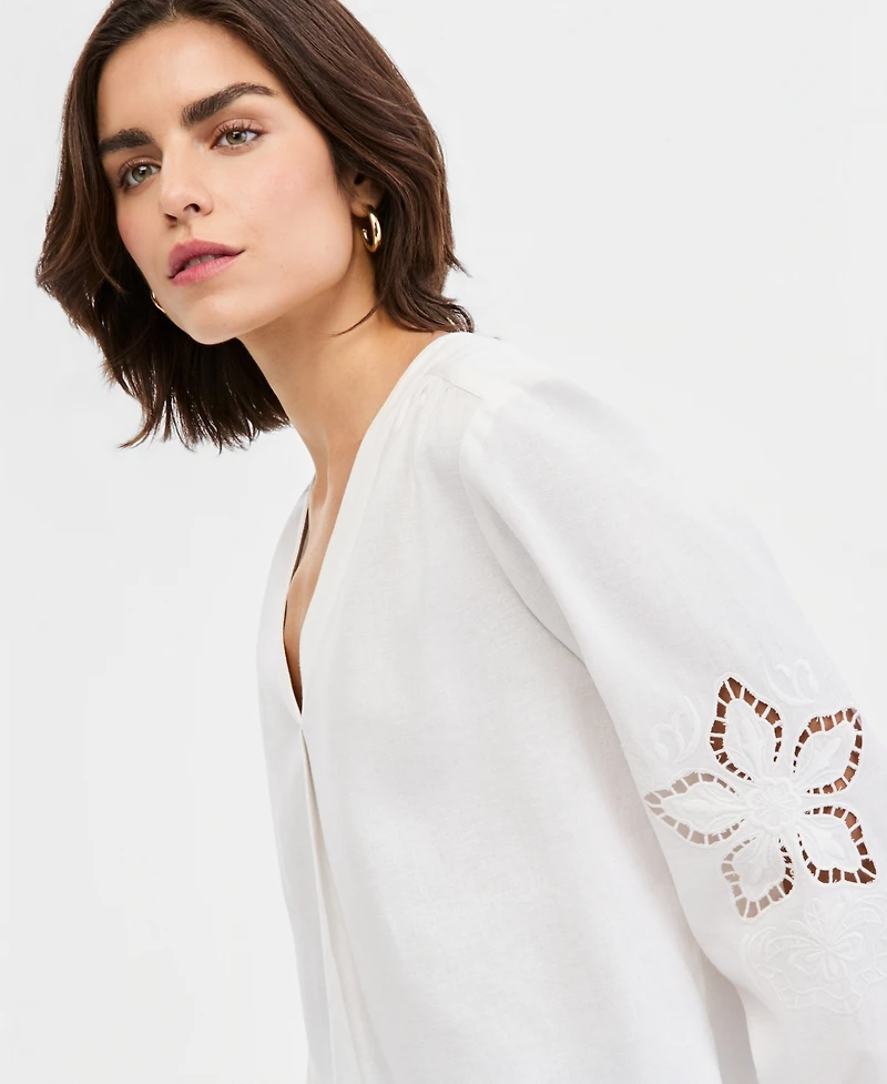 Jones New York Women's V-Neck Embroidered-Sleeve Linen-Blend Top