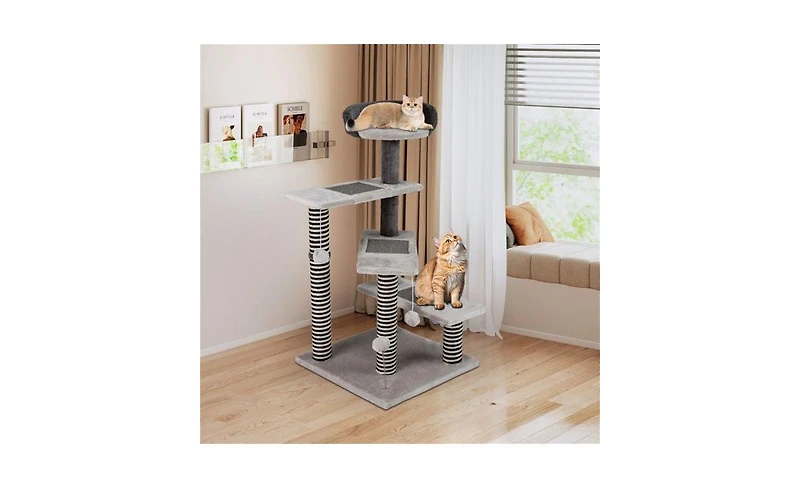 Aostirmotor 3-in-1 Cat Activity Stairs: 37-Inch Tiered Perches with Scratching Mats, Spring Ball & Dangling Toys for Climbing and Play