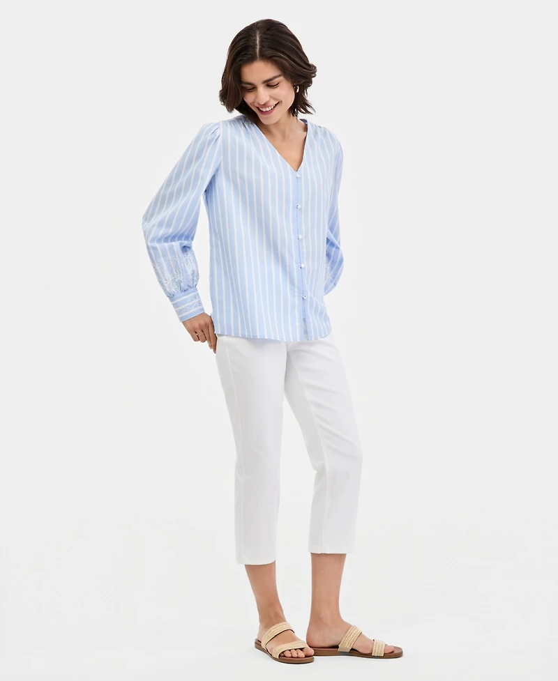 Jones New York Women's Cotton Embroidered-Sleeve Blouse