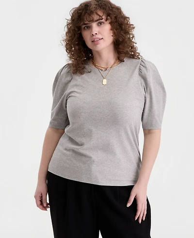 On 34th Trendy Plus Printed Ruched Puff-Sleeve Crewneck Top, Macy's Exclusive