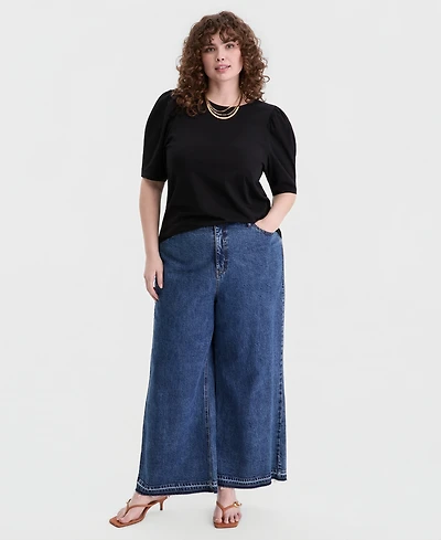 On 34th Trendy Plus Printed Ruched Puff-Sleeve Crewneck Top, Macy's Exclusive