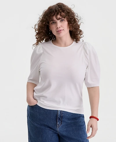 On 34th Trendy Plus Printed Ruched Puff-Sleeve Crewneck Top, Macy's Exclusive