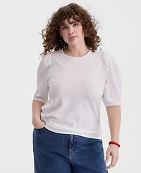 On 34th Trendy Plus Printed Ruched Puff-Sleeve Crewneck Top, Macy's Exclusive