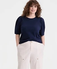 On 34th Trendy Plus Printed Ruched Puff-Sleeve Crewneck Top, Macy's Exclusive
