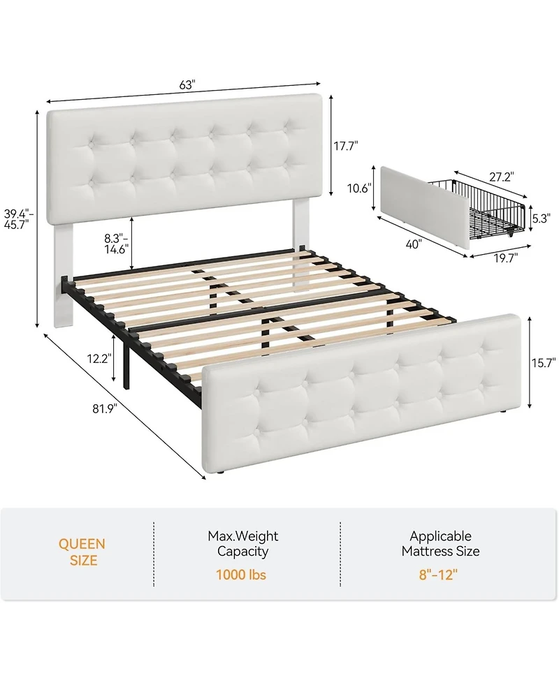 gaomon Queen Bed Frame with 4 Storage Drawers and Linen Upholstered Headboard,Button Tufted Design, No Box Spring Needed, Dark