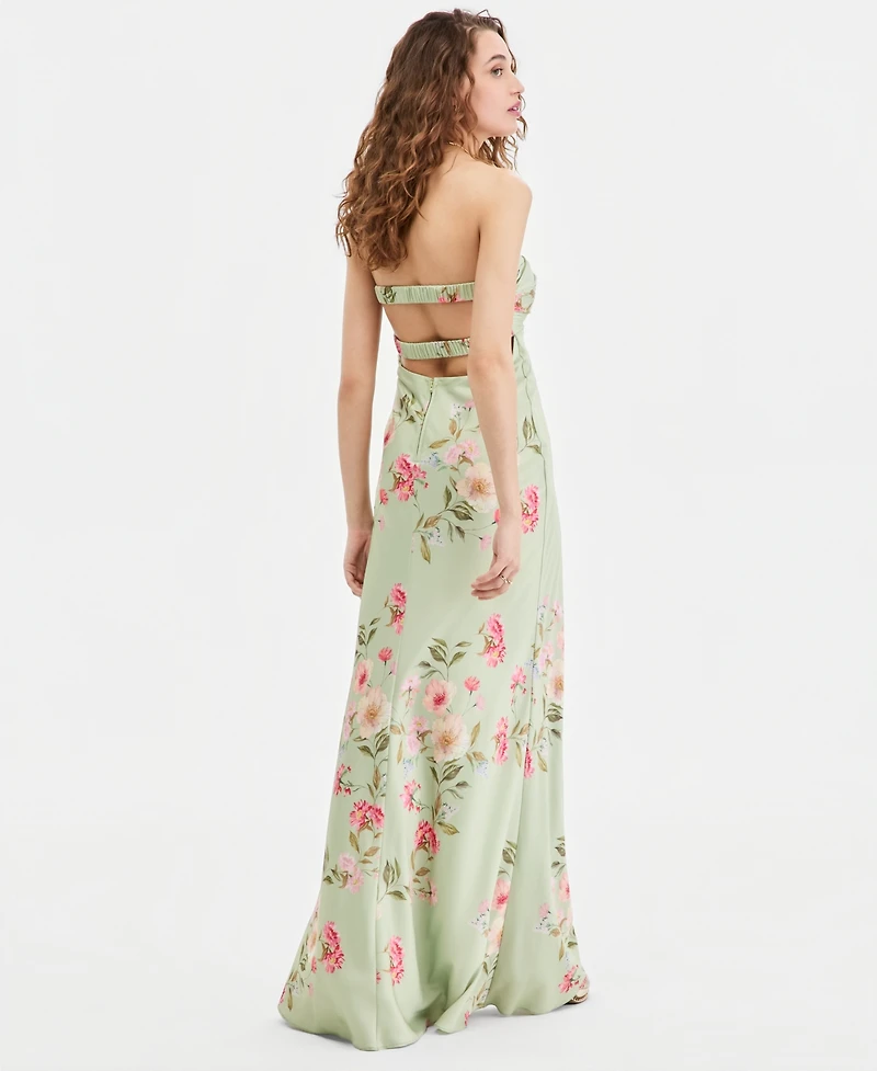 B Darlin Juniors' Floral Print Strapless Gown