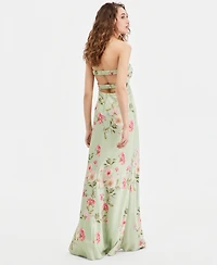 B Darlin Juniors' Floral Print Strapless Gown