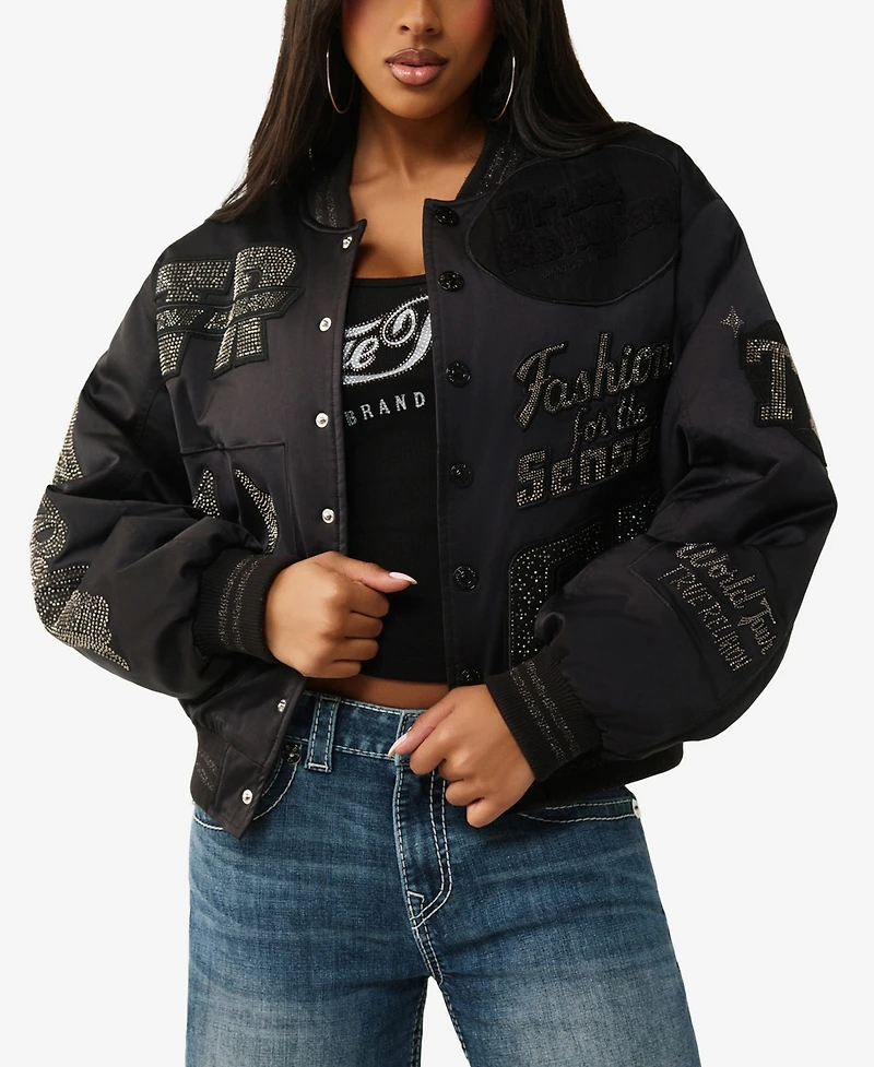 True Religion Women's Crystal Branded Nylon Bomber Jacket