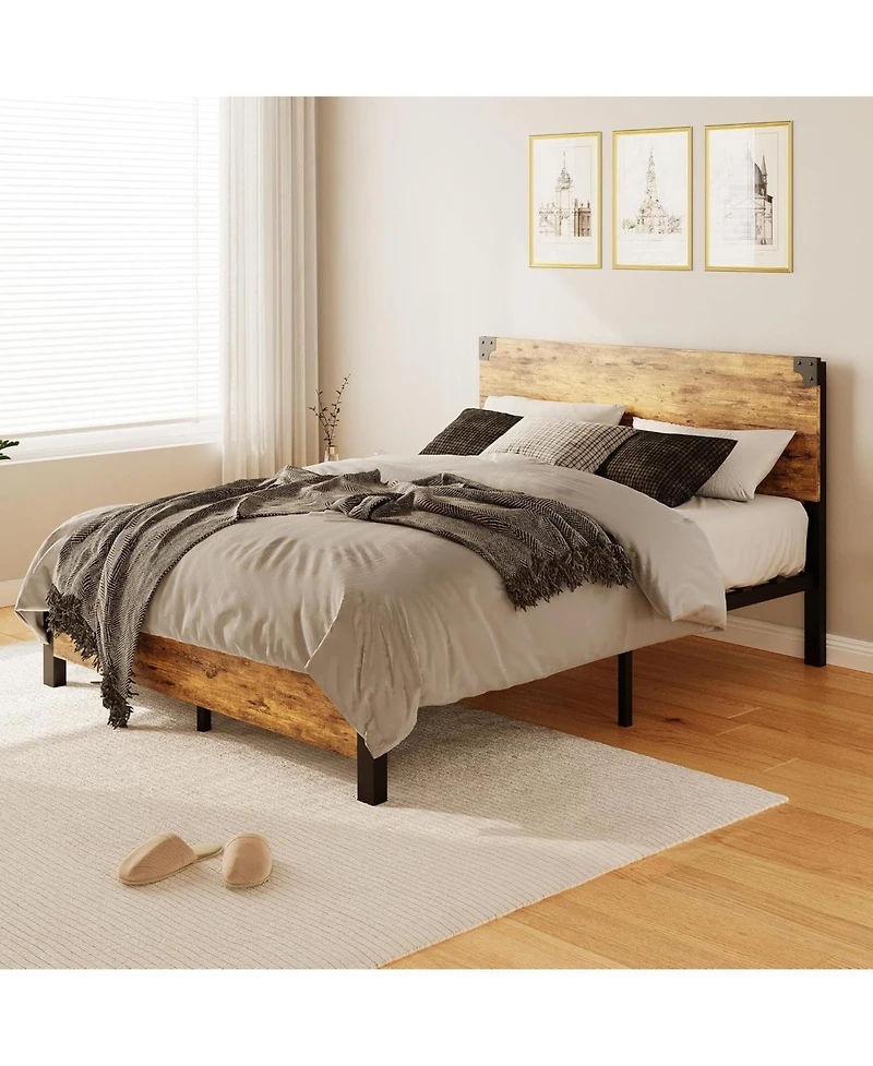 Gamon Rustic Brown Queen Size Platform Bed Frame with Wooden Headboard – Under-Bed Storage, No Box Spring Required, Easy Assembly