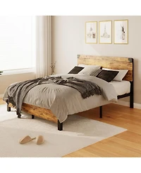 Gamon Rustic Brown Queen Size Platform Bed Frame with Wooden Headboard – Under-Bed Storage, No Box Spring Required, Easy Assembly