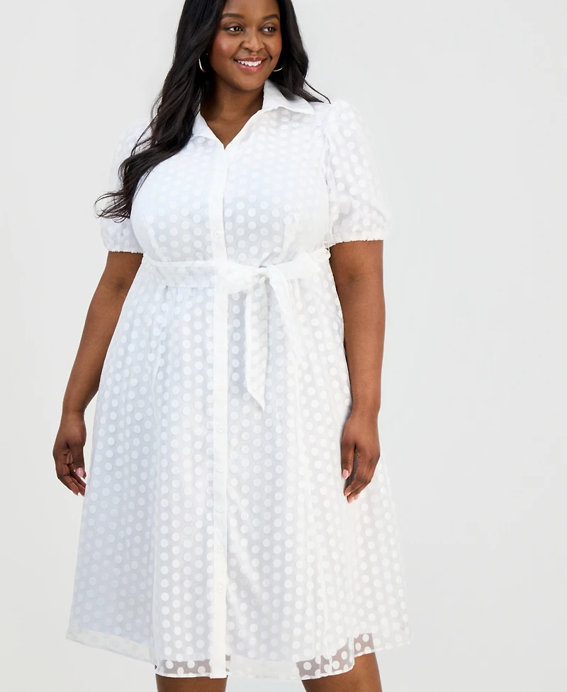 Sandra Darren Plus Clip Dot Puff-Sleeve Midi Shirtdress