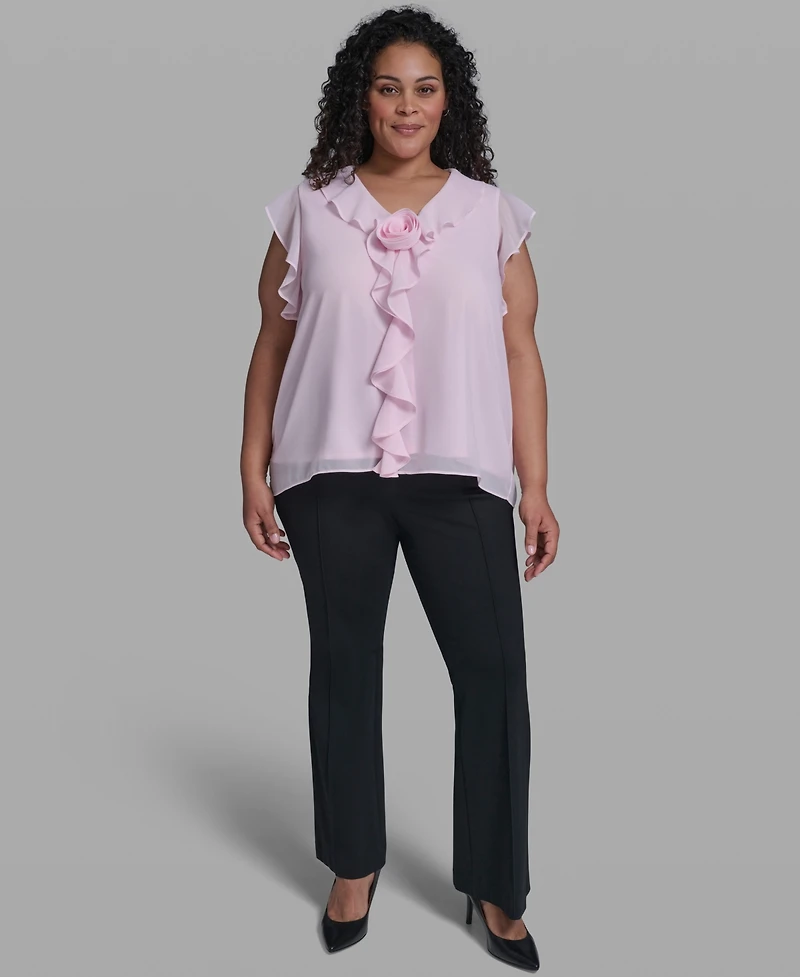 Karl Lagerfeld Paris Plus Rosette V-Neck Ruffle Blouse Top