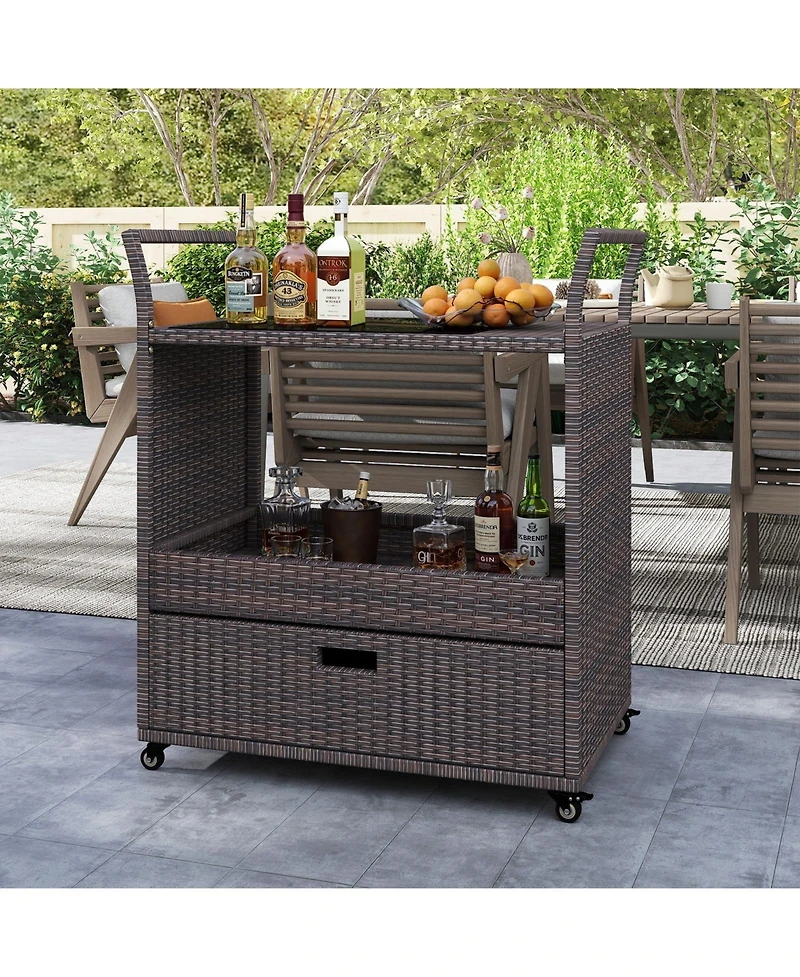 Volenca Outdoor Wicker Bar Cart Table with Tempered Glass Top, Patio Serving Cart