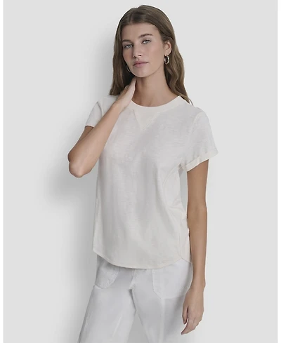 Dkny Sport Women's Embroidered Crewneck Logo Roll-Sleeve Top