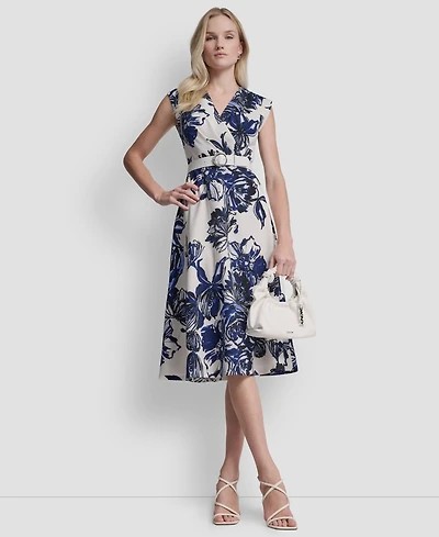 Dkny Women's Cap Sleeve Surplice Neck Belted Midi Dress