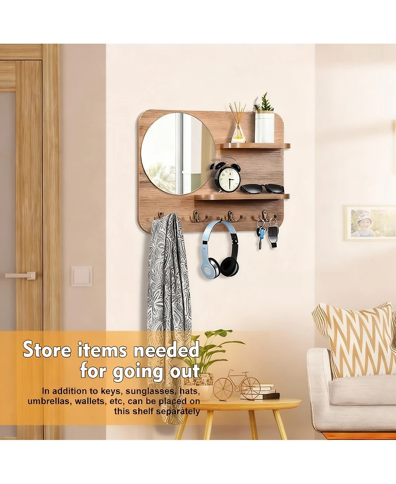 Yigii Oak Wood Key Rack with Mirror, Hooks, and Shelves for Home Decor