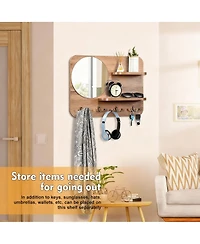 Yigii Oak Wood Key Rack with Mirror, Hooks, and Shelves for Home Decor
