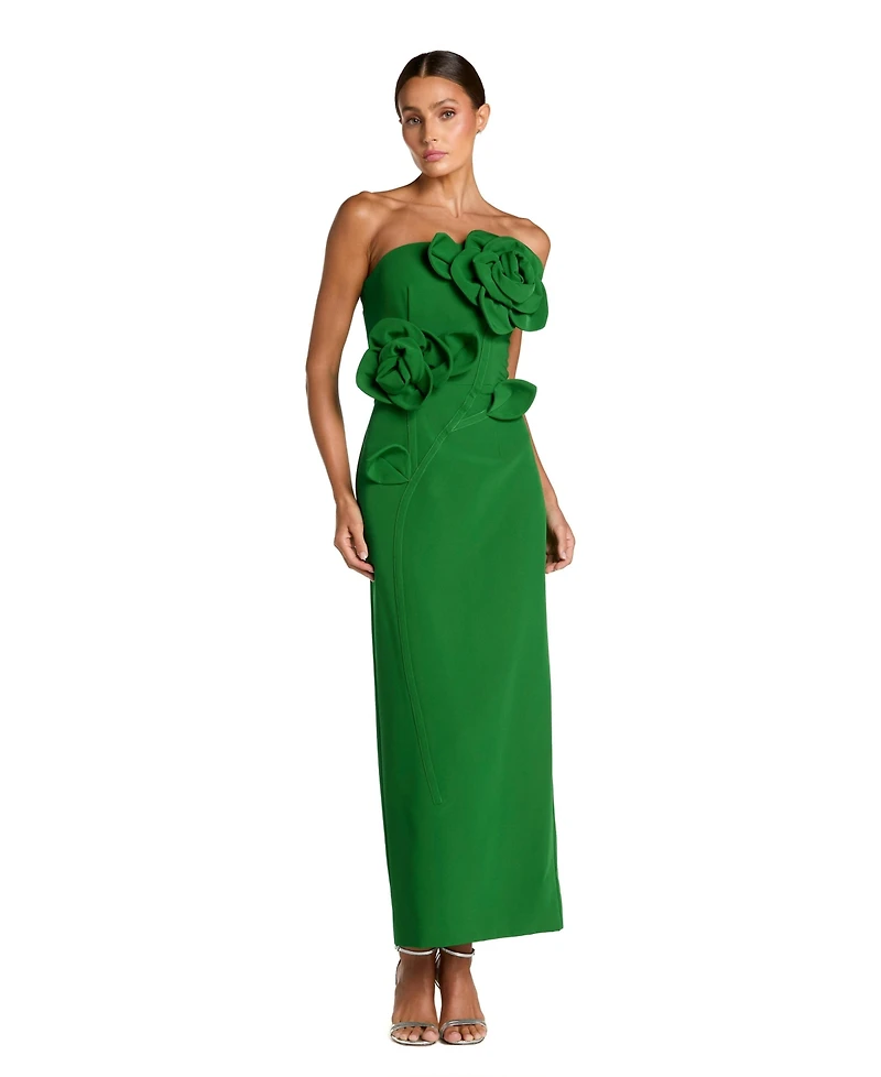Mac Duggal Petite Crepe Strapless Midi Dress with 3D Flower Detail