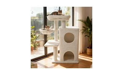 Aostirmotor Cat Tree with 2-Tier Cat Condo, 33.5-Inch Multi-Level Tower with Sisal Scratching Posts & Anti-Toppling Device, Beige