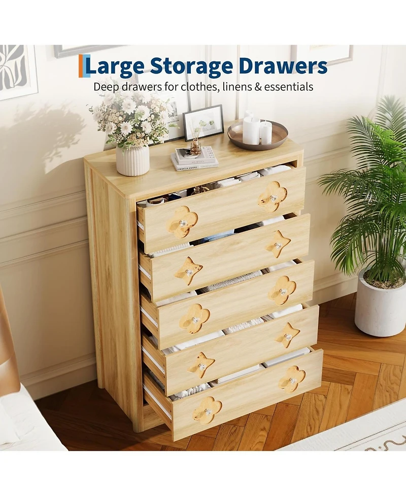 gaomon 5 Drawer Tall Dresser for Bedroom, 45'' Boho Chest of Drawers, Wooden Chest with Clothes Storage Cabinet, Decorative Drawer Front Organizer
