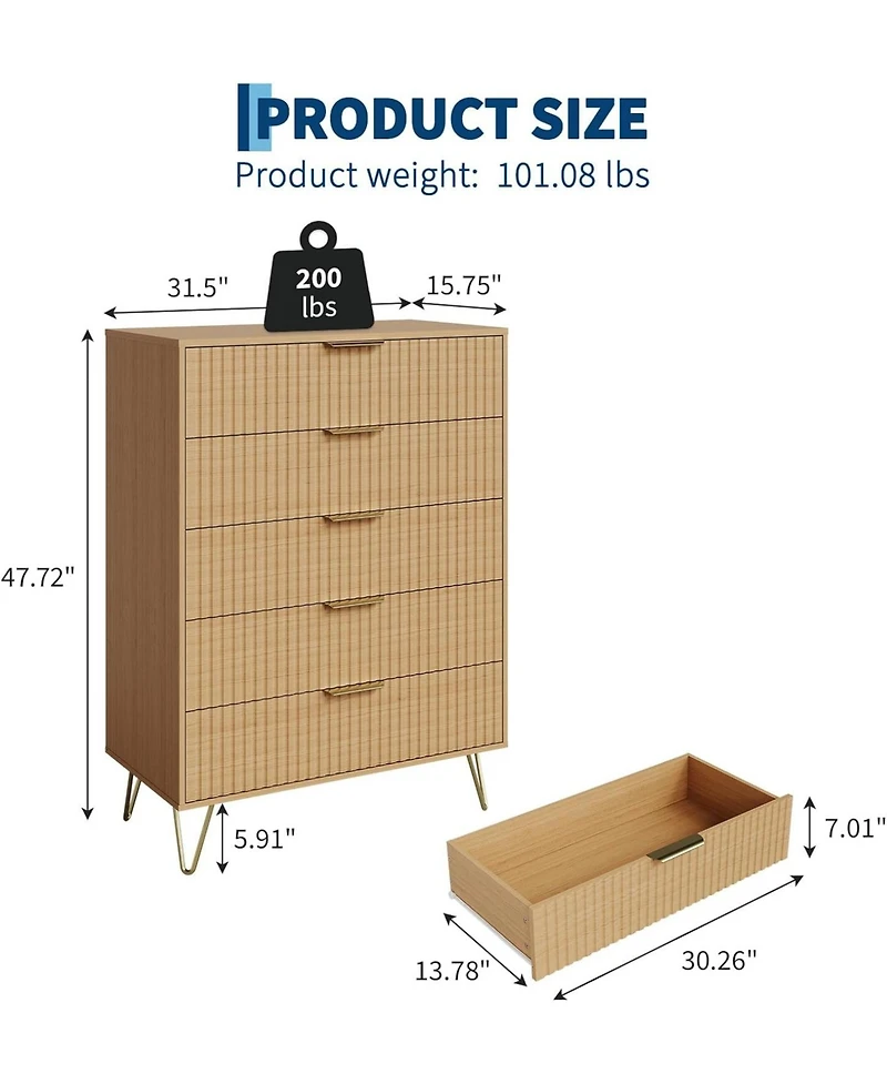 gaomon Fluted Dresser for Bedroom with 5 Drawers,32" Wide Modern Chest of Wooden Bedroom Chest