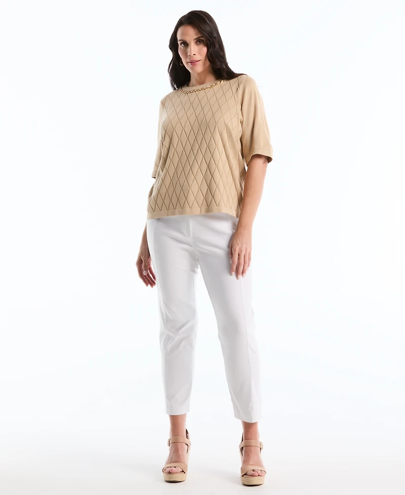 Rafaella Plus Diamond Stitch Elbow-Sleeve Crewneck Sweater