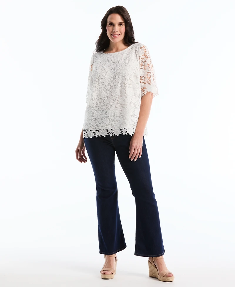 Rafaella Plus Scalloped Elbow-Sleeve Jewel Neck Lace Top