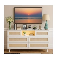 gaomon Rattan Wooden Dresser for Bedroom with 6 Drawers,47 Inch Wide Modern Dresser with Charging Station & Led Lights,Open Shelves,LivingBedroom