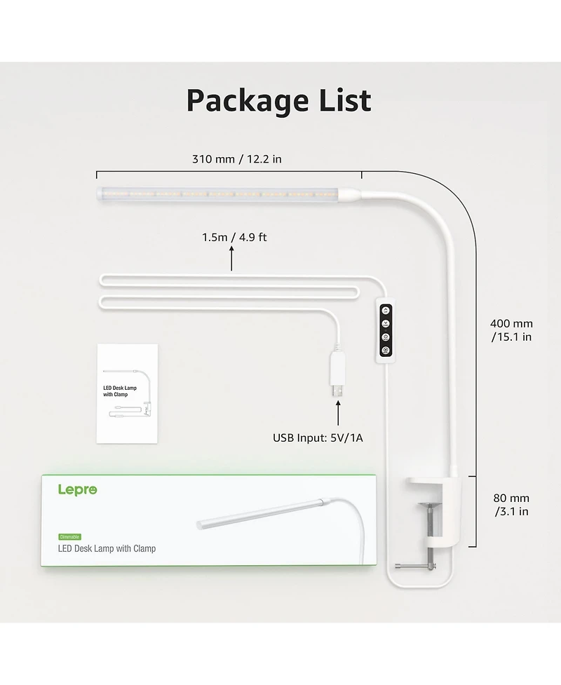 Lepro Clip-on Led Desk Lamp, Dimmable Usb-Powered with 3 Color Modes 10 Brightness, 360°Adjustable Gooseneck - Black