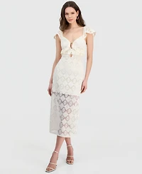 14th Place Juniors' Cap-Sleeve Crochet Midi Dress
