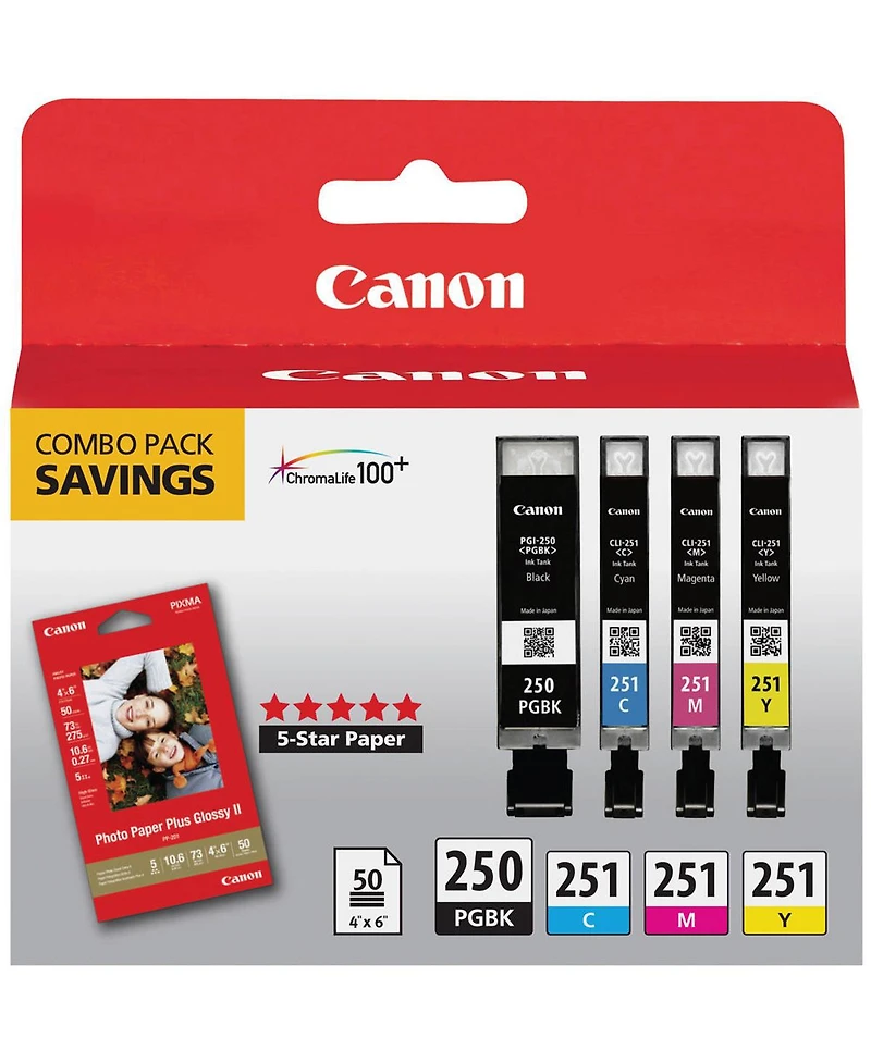 Canon 2 pack Pgi 250 & Cli 251 combo with photo paper, cyan, yellow, magenta & black inks.