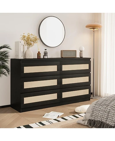 gaomon 6 Drawer Double Dresser for Bedroom, Rattan Dresser with Smooth Mental Slide, Modern Wood Chest for Closet, Living Room, Hallway