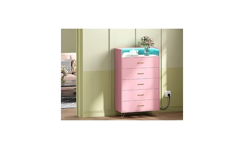 gaomon Modern 5-Drawer Tall Dresser for Bedroom, Wood Chest of Drawers with Silent Closing Slides, Water-Resistant White Storage Organizer for Hallway