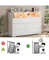 Gaomon 7 Drawer Wooden Dresser with Led Lights, Charging Station & 2 Open Compartments, Freestanding Bedroom Storage Organizer