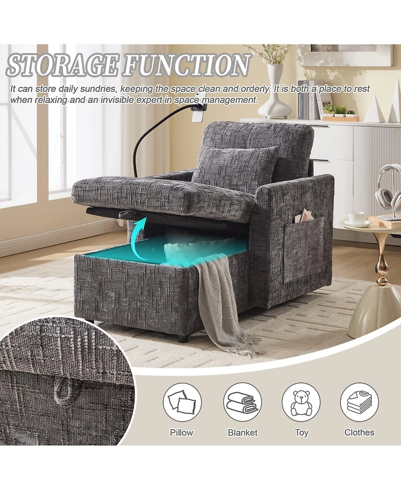 Boyel Living Multifunctional Chenille Sofa with Storage & Cell Phone Bracket, Single Sleeper Chair, Chaise Lounge Chair