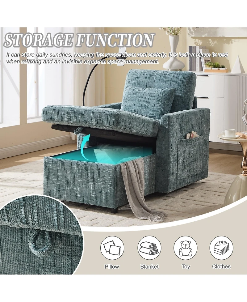 Boyel Living Multifunctional Chenille Sofa with Storage & Cell Phone Bracket, Single Sleeper Chair, Chaise Lounge Chair
