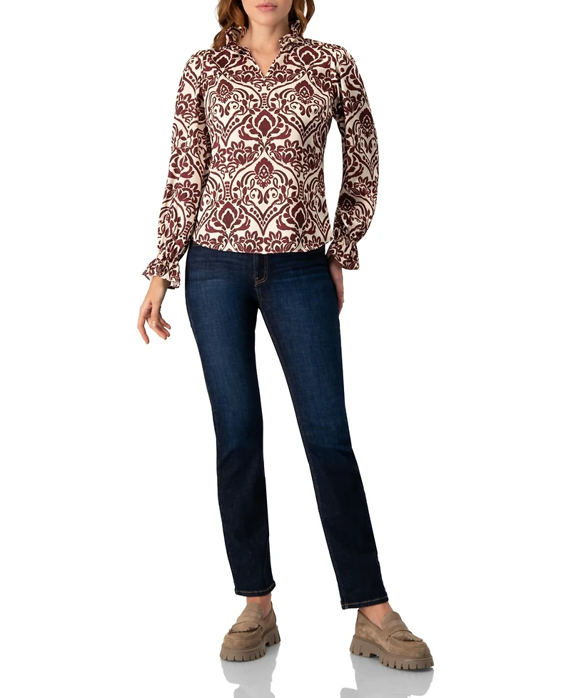 Ivonne Women's Ruffled V-Neck Abstract Blouse Top