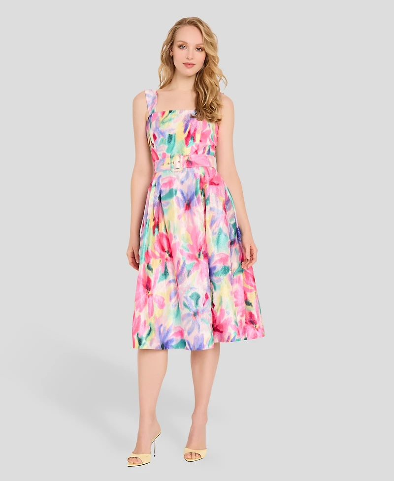 Tahari Asl Women's Crinkle Belted Square Neck Midi Dress