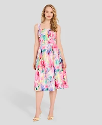 Tahari Asl Women's Crinkle Belted Square Neck Midi Dress