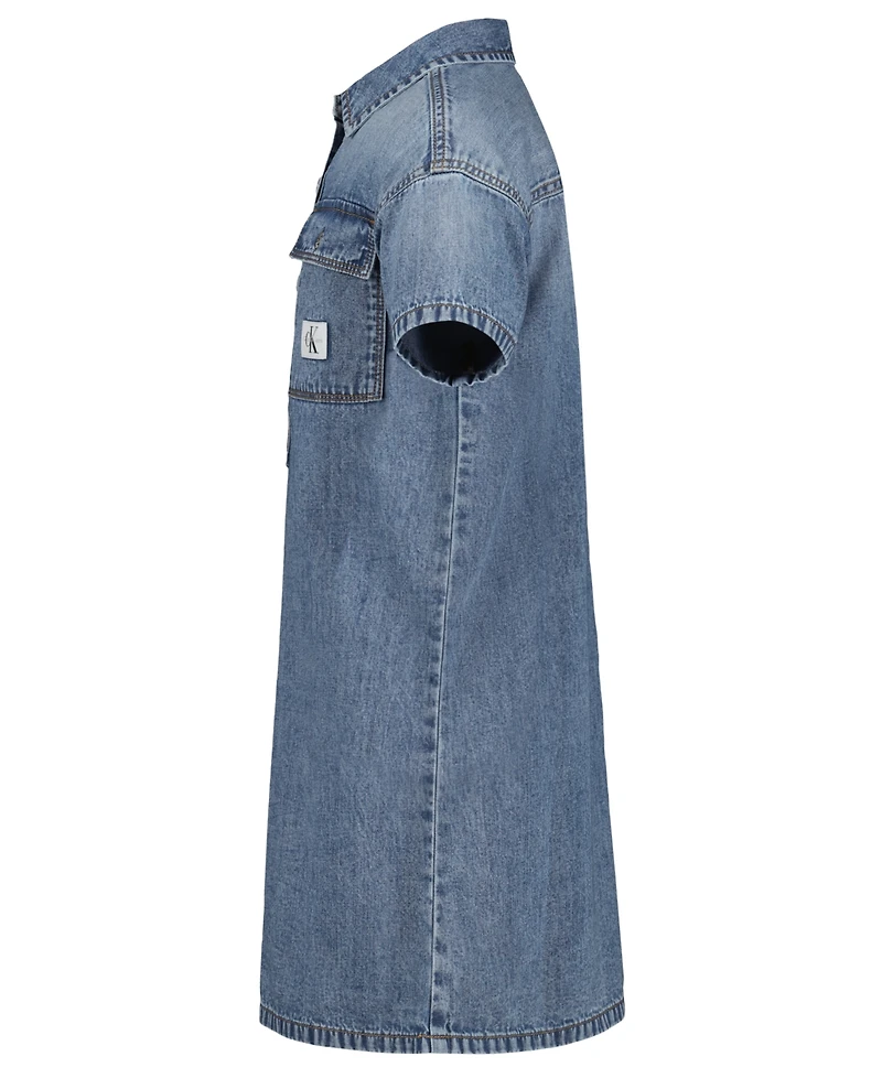 Calvin Klein Girls' 7-16 Short-Sleeve Patch Pocket Denim Shirtdress